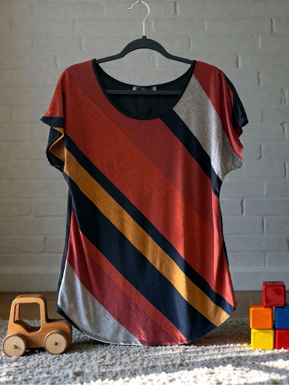 Tutta Bella Maternity Wide Diagonal Stripe Short Sleeve Tunic Top